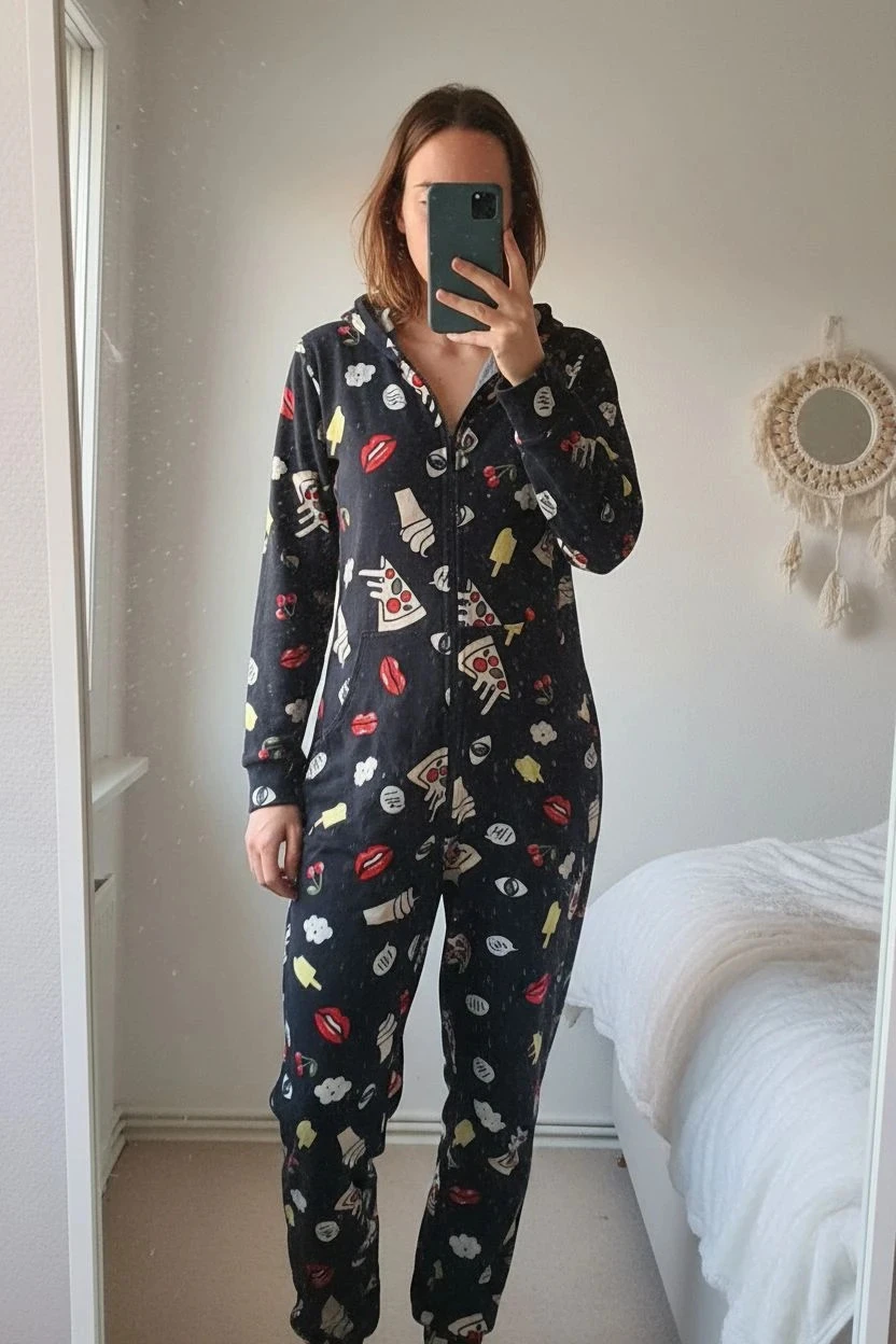 Combinaison noire imprimé pizzas et fruits, taille 36, H&M Divided